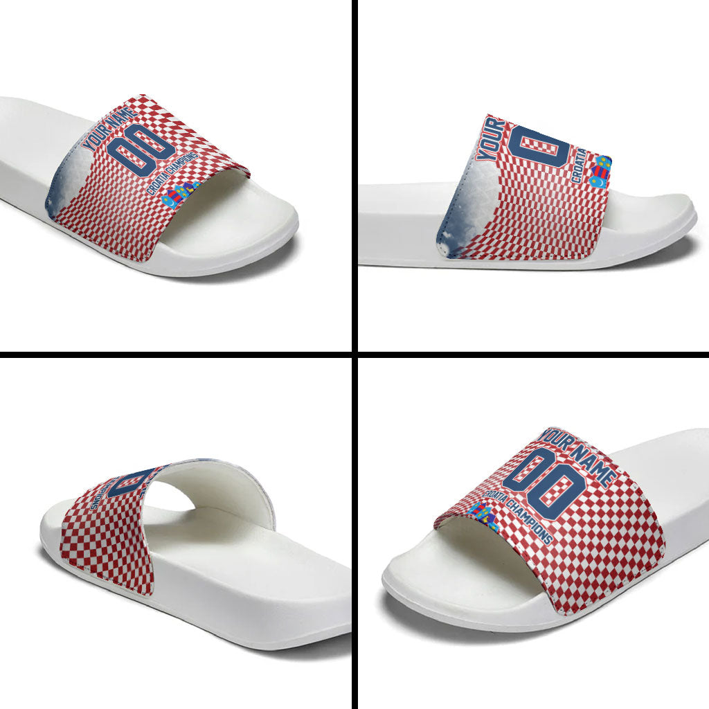 Personalized Croatia Football Eagle Mascot Slide Sandals Checkerboard Pattern - Accent Splatters