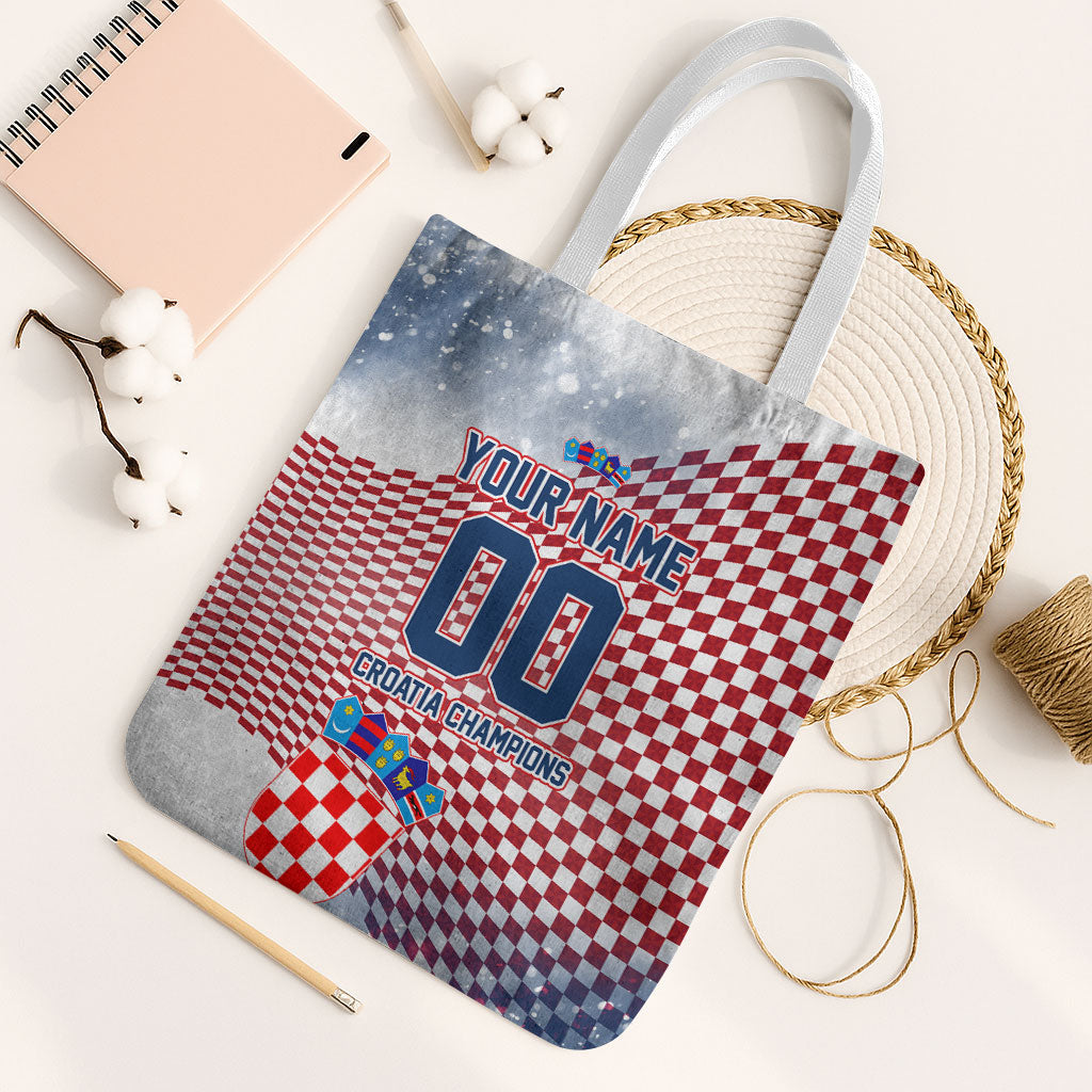 Personalized Croatia Football Eagle Mascot Tote Bag Checkerboard Pattern - Accent Splatters