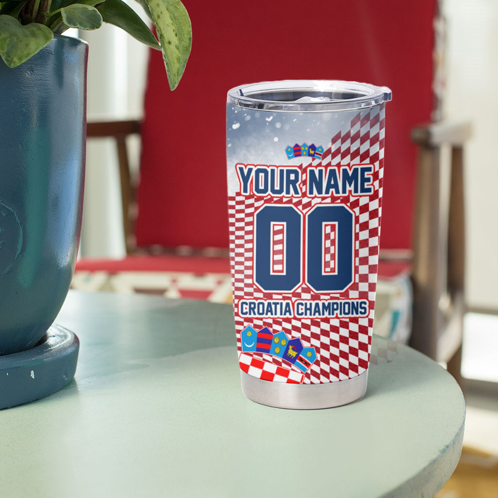 Personalized Croatia Football Eagle Mascot Tumbler Cup Checkerboard Pattern - Accent Splatters