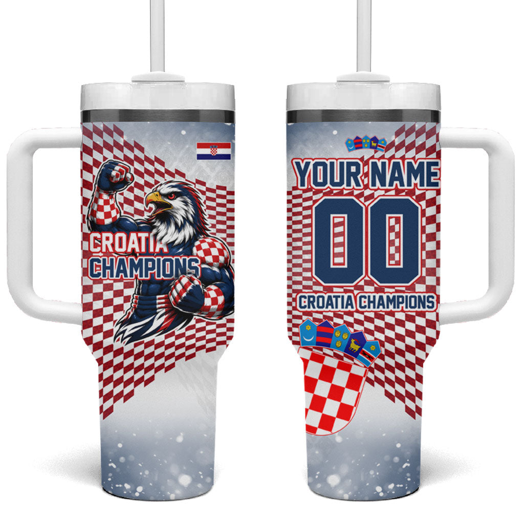 Personalized Croatia Football Eagle Mascot Tumbler With Handle Checkerboard Pattern - Accent Splatters