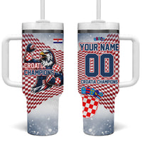 Personalized Croatia Football Eagle Mascot Tumbler With Handle Checkerboard Pattern - Accent Splatters