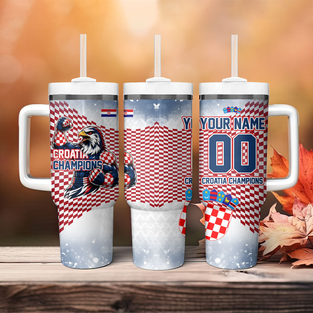 Personalized Croatia Football Eagle Mascot Tumbler With Handle Checkerboard Pattern - Accent Splatters