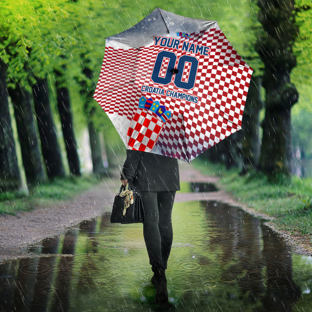 Personalized Croatia Football Eagle Mascot Umbrella Checkerboard Pattern - Accent Splatters