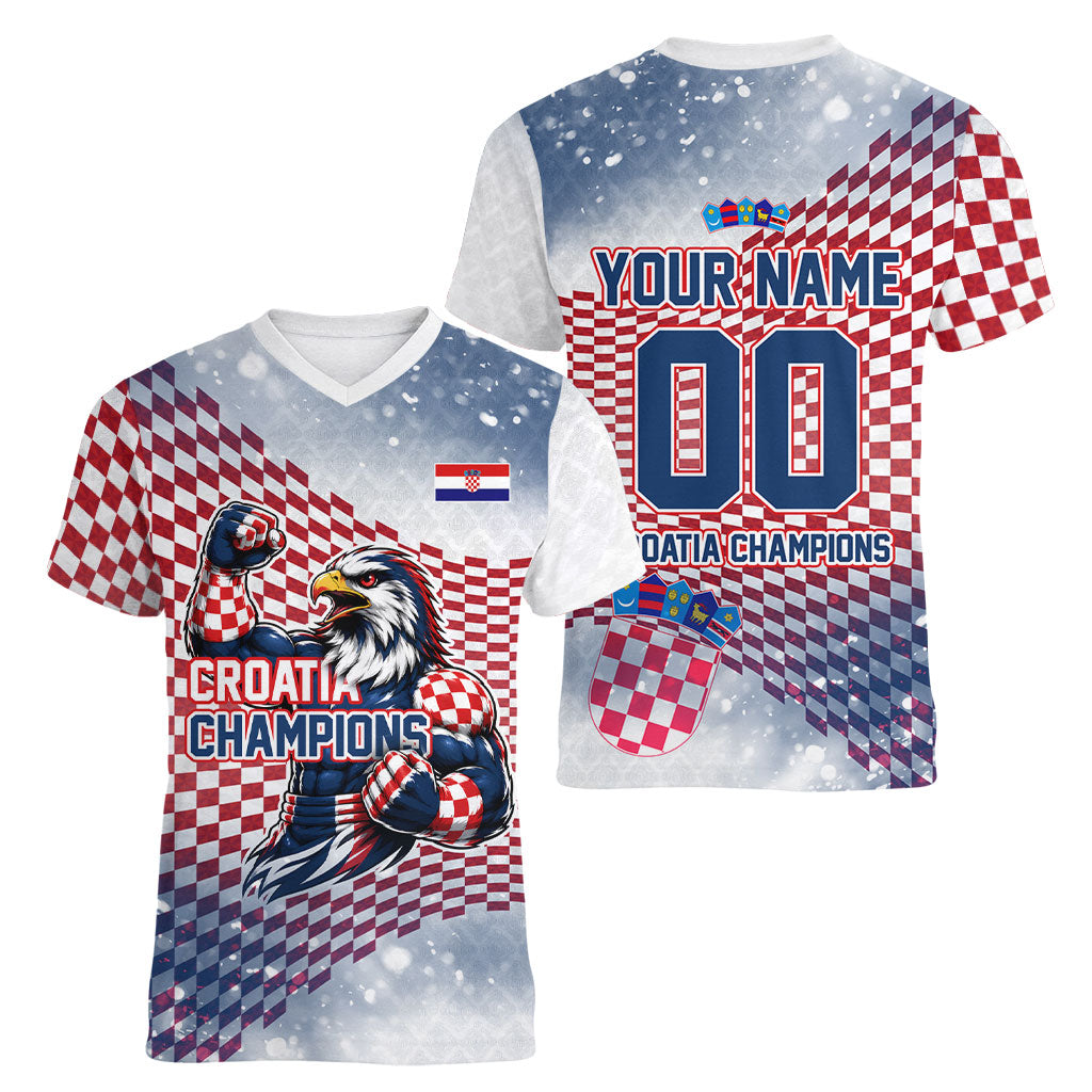 Personalized Croatia Football Eagle Mascot Women V-Neck T-Shirt Checkerboard Pattern - Accent Splatters