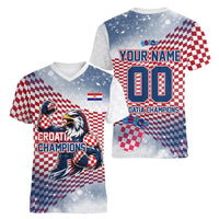 Personalized Croatia Football Eagle Mascot Women V-Neck T-Shirt Checkerboard Pattern - Accent Splatters