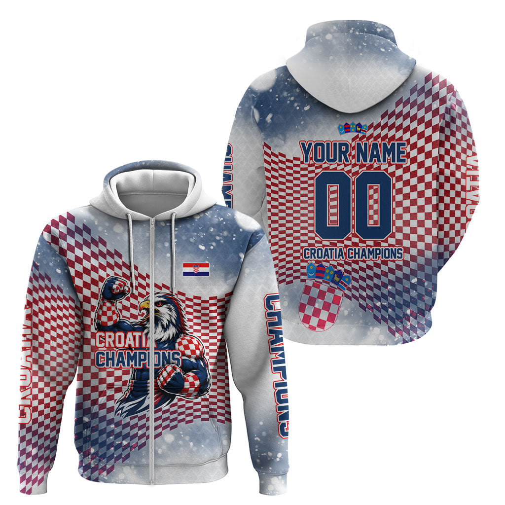 Personalized Croatia Football Eagle Mascot Zip Hoodie Checkerboard Pattern - Accent Splatters