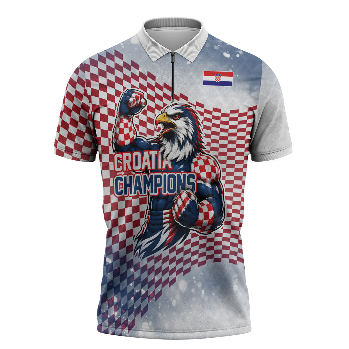 Personalized Croatia Football Eagle Mascot Zipper Polo Shirt Checkerboard Pattern - Accent Splatters