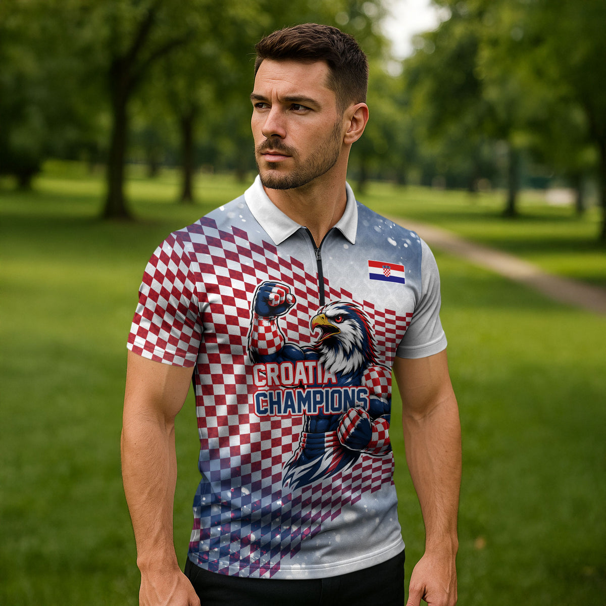 Personalized Croatia Football Eagle Mascot Zipper Polo Shirt Checkerboard Pattern - Accent Splatters