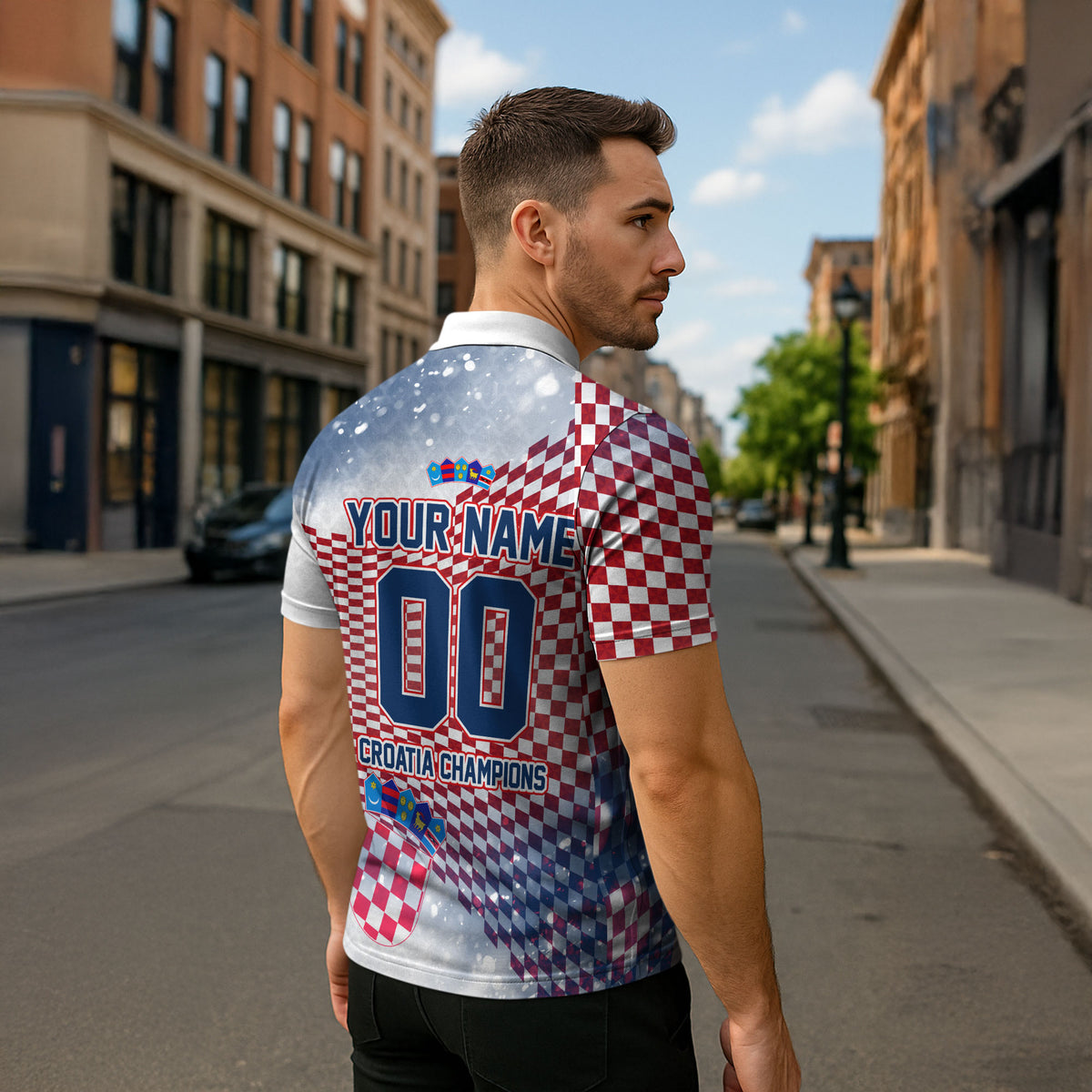 Personalized Croatia Football Eagle Mascot Zipper Polo Shirt Checkerboard Pattern - Accent Splatters