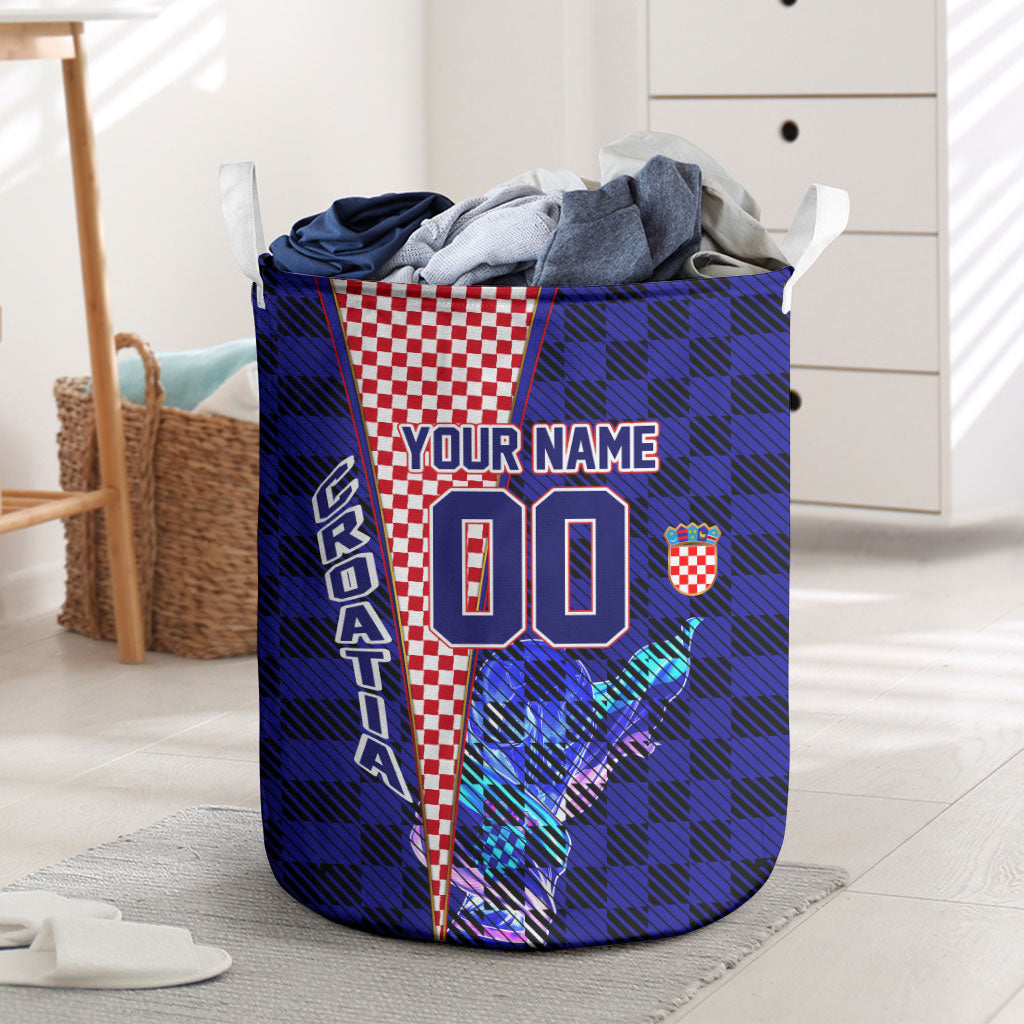 Personalized Croatia Football Laundry Basket Checkerboard Graphic - Golden Champion Trophy And Flag