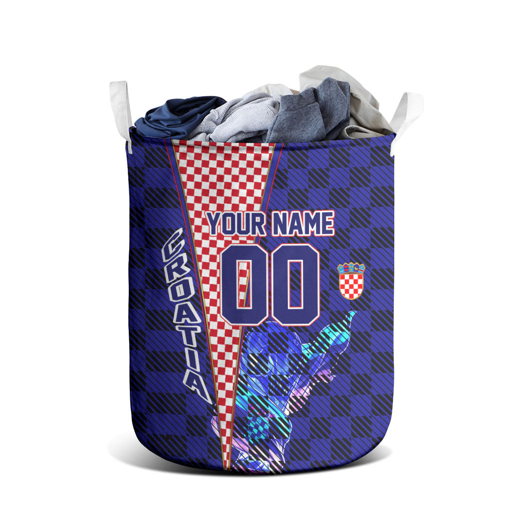 Personalized Croatia Football Laundry Basket Checkerboard Graphic - Golden Champion Trophy And Flag