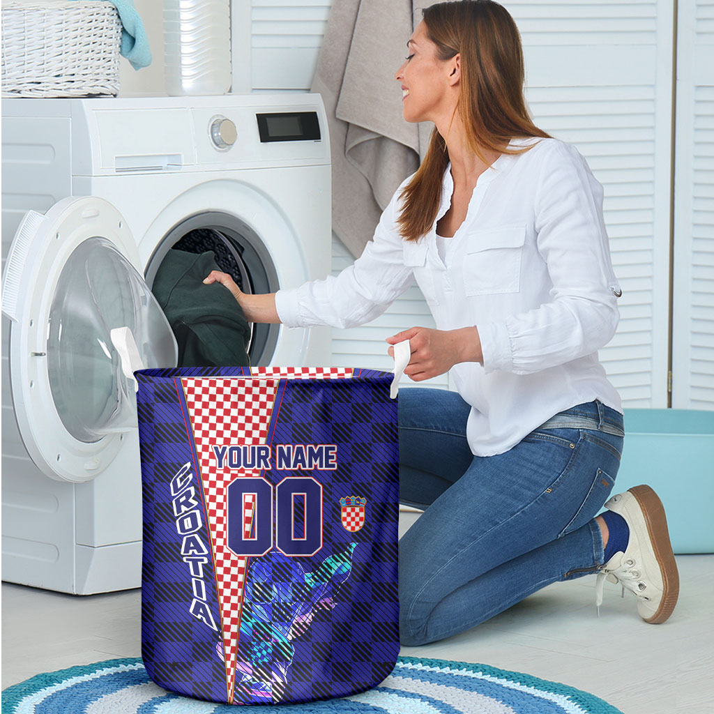 Personalized Croatia Football Laundry Basket Checkerboard Graphic - Golden Champion Trophy And Flag