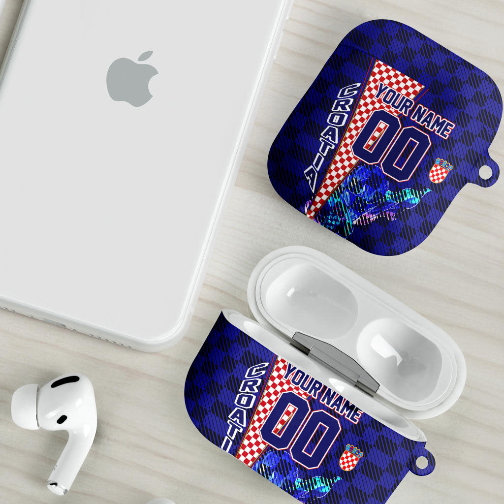 Personalized Croatia Football AirPods Case Checkerboard Graphic - Golden Champion Trophy And Flag