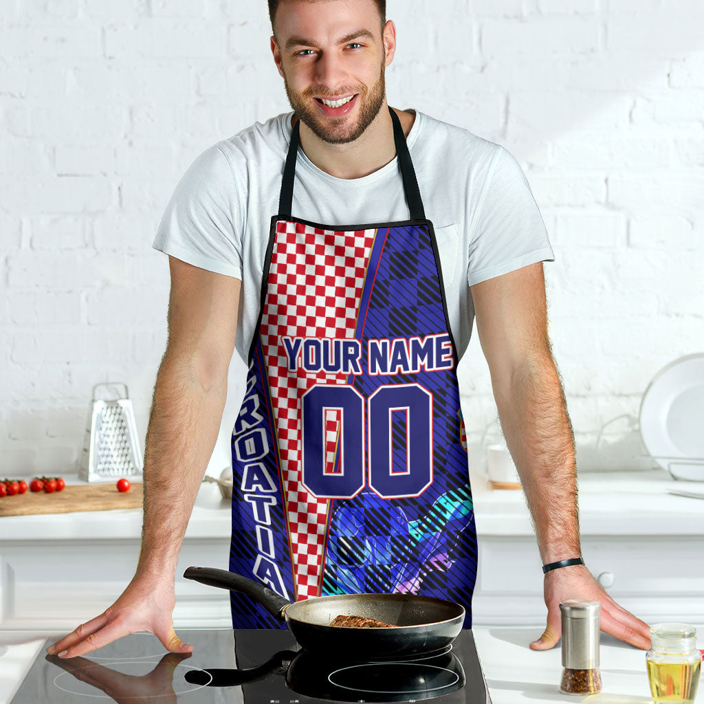 Personalized Croatia Football Apron Checkerboard Graphic - Golden Champion Trophy And Flag