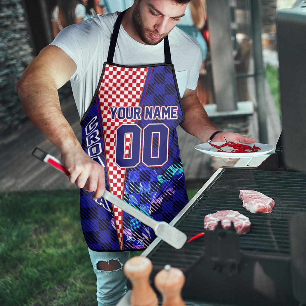 Personalized Croatia Football Apron Checkerboard Graphic - Golden Champion Trophy And Flag