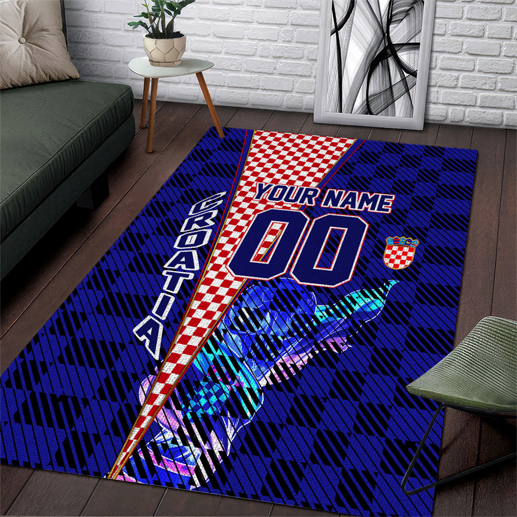 Personalized Croatia Football Area Rug Checkerboard Graphic - Golden Champion Trophy And Flag