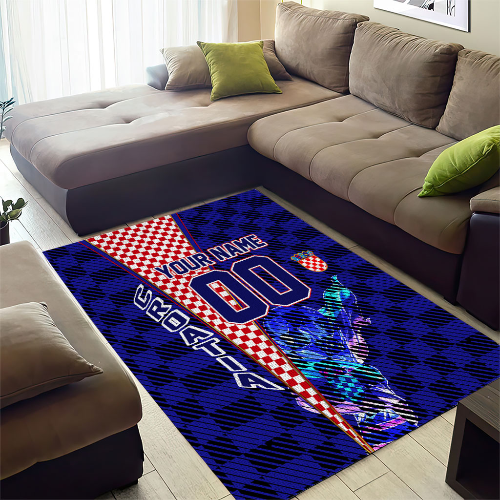 Personalized Croatia Football Area Rug Checkerboard Graphic - Golden Champion Trophy And Flag