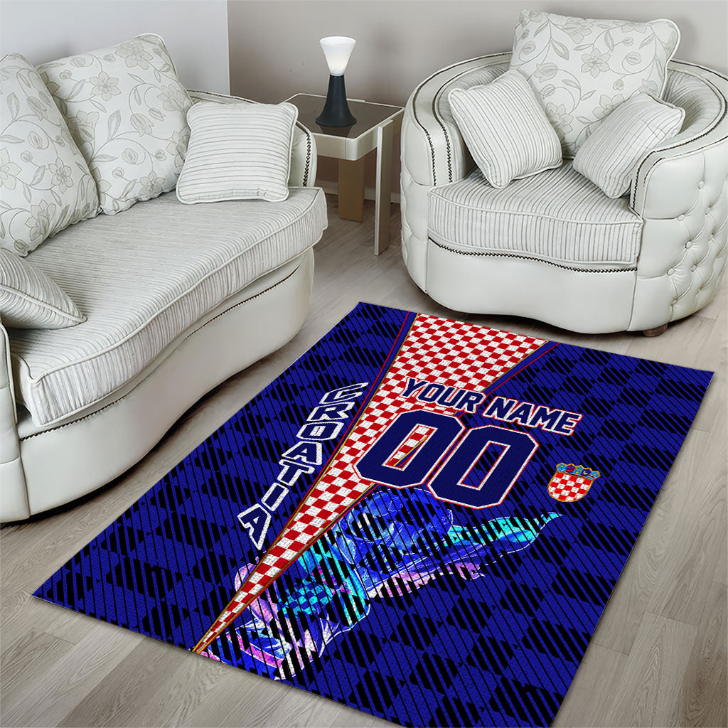 Personalized Croatia Football Area Rug Checkerboard Graphic - Golden Champion Trophy And Flag