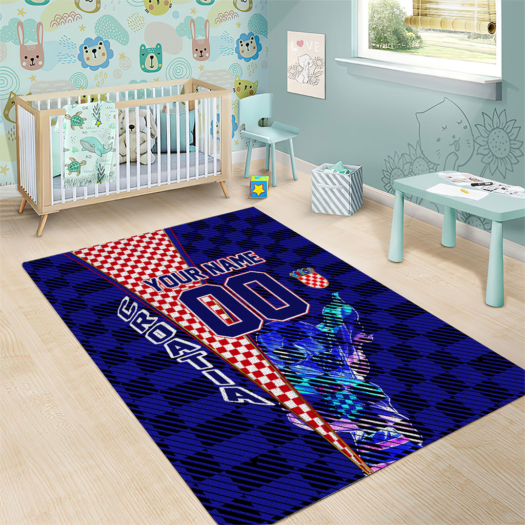 Personalized Croatia Football Area Rug Checkerboard Graphic - Golden Champion Trophy And Flag