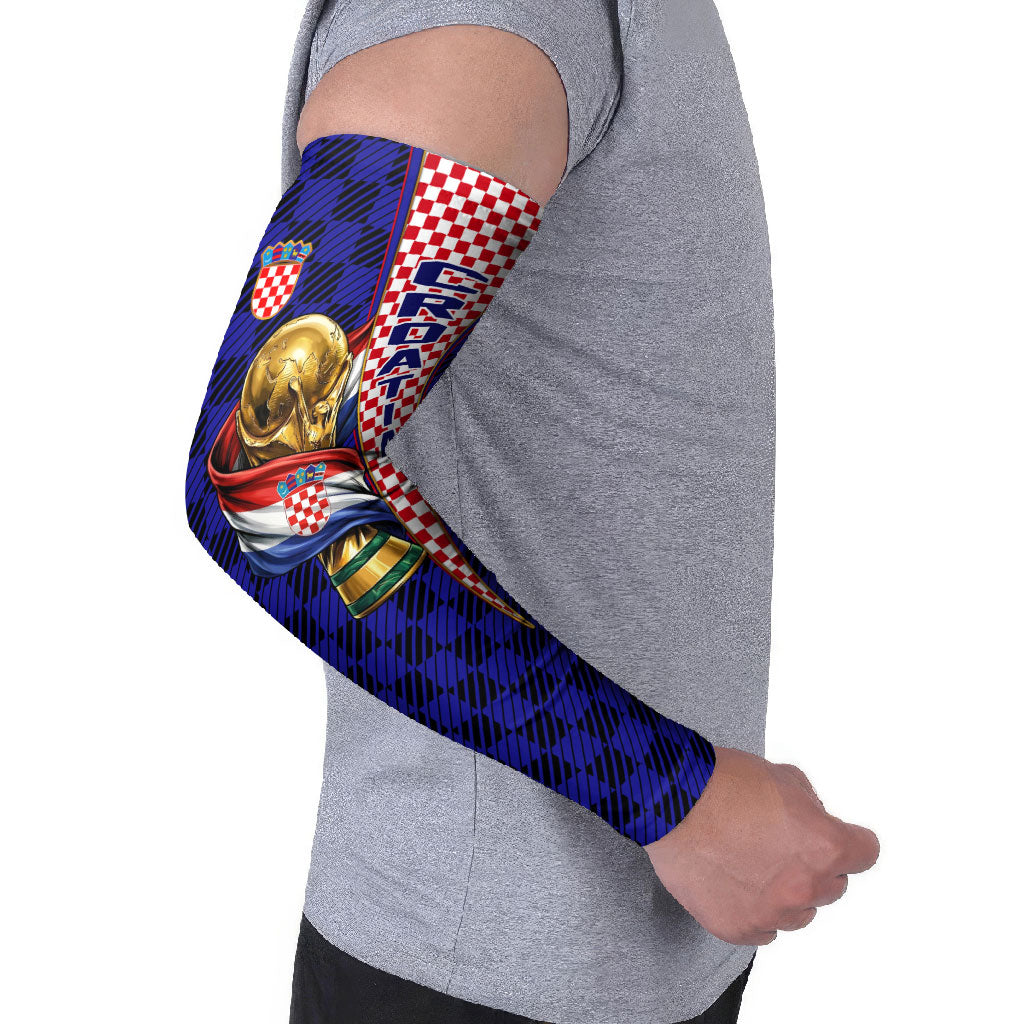 Personalized Croatia Football Arm Sleeves Checkerboard Graphic - Golden Champion Trophy And Flag