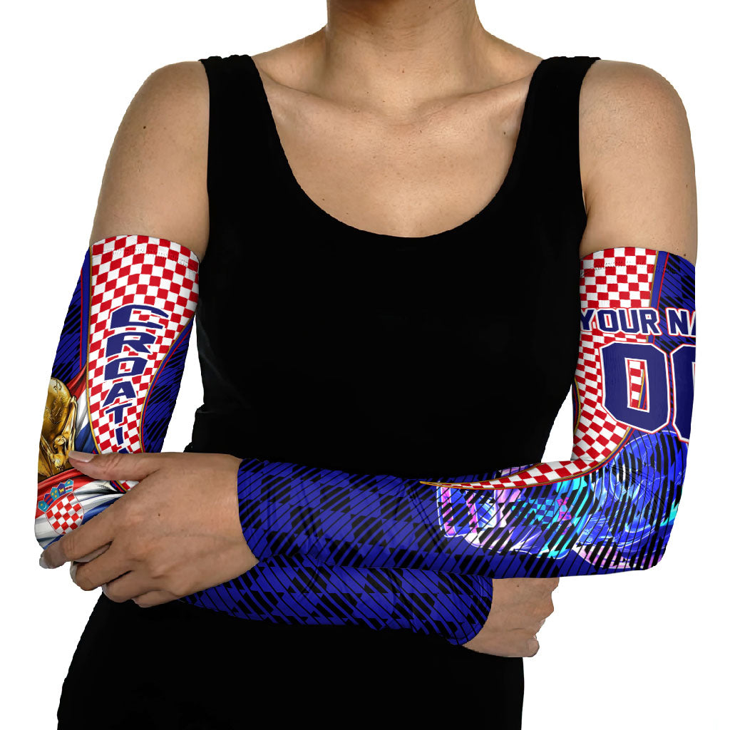 Personalized Croatia Football Arm Sleeves Checkerboard Graphic - Golden Champion Trophy And Flag