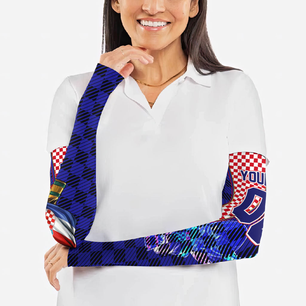 Personalized Croatia Football Arm Sleeves Checkerboard Graphic - Golden Champion Trophy And Flag