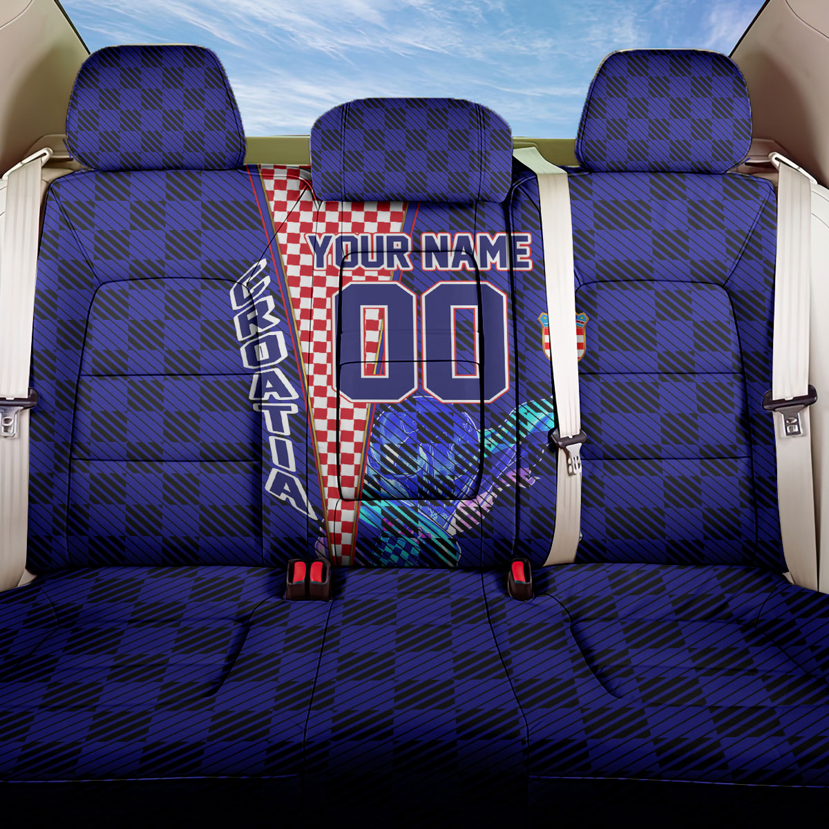 Personalized Croatia Football Back Car Seat Cover Checkerboard Graphic - Golden Champion Trophy And Flag