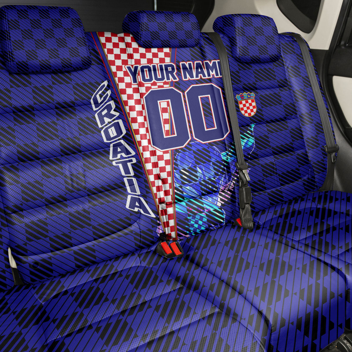 Personalized Croatia Football Back Car Seat Cover Checkerboard Graphic - Golden Champion Trophy And Flag