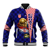 Personalized Croatia Football Baseball Jacket Checkerboard Graphic - Golden Champion Trophy And Flag