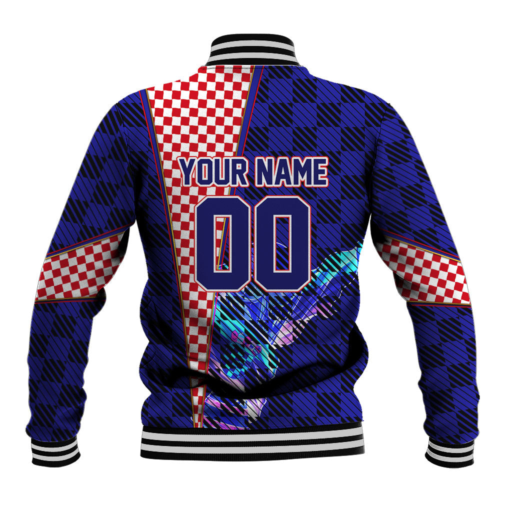 Personalized Croatia Football Baseball Jacket Checkerboard Graphic - Golden Champion Trophy And Flag