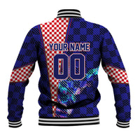 Personalized Croatia Football Baseball Jacket Checkerboard Graphic - Golden Champion Trophy And Flag