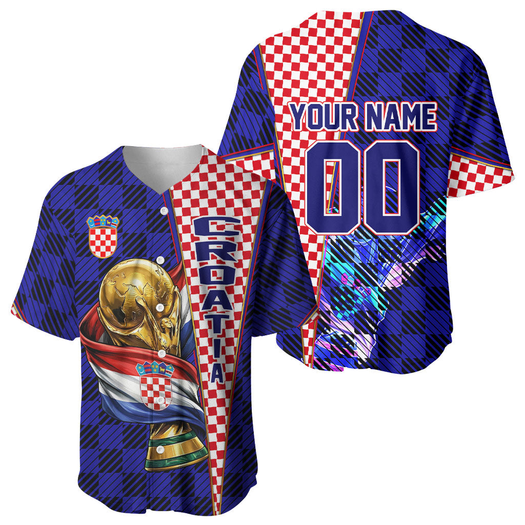 Personalized Croatia Football Baseball Jersey Checkerboard Graphic - Golden Champion Trophy And Flag