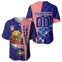 Personalized Croatia Football Baseball Jersey Checkerboard Graphic - Golden Champion Trophy And Flag