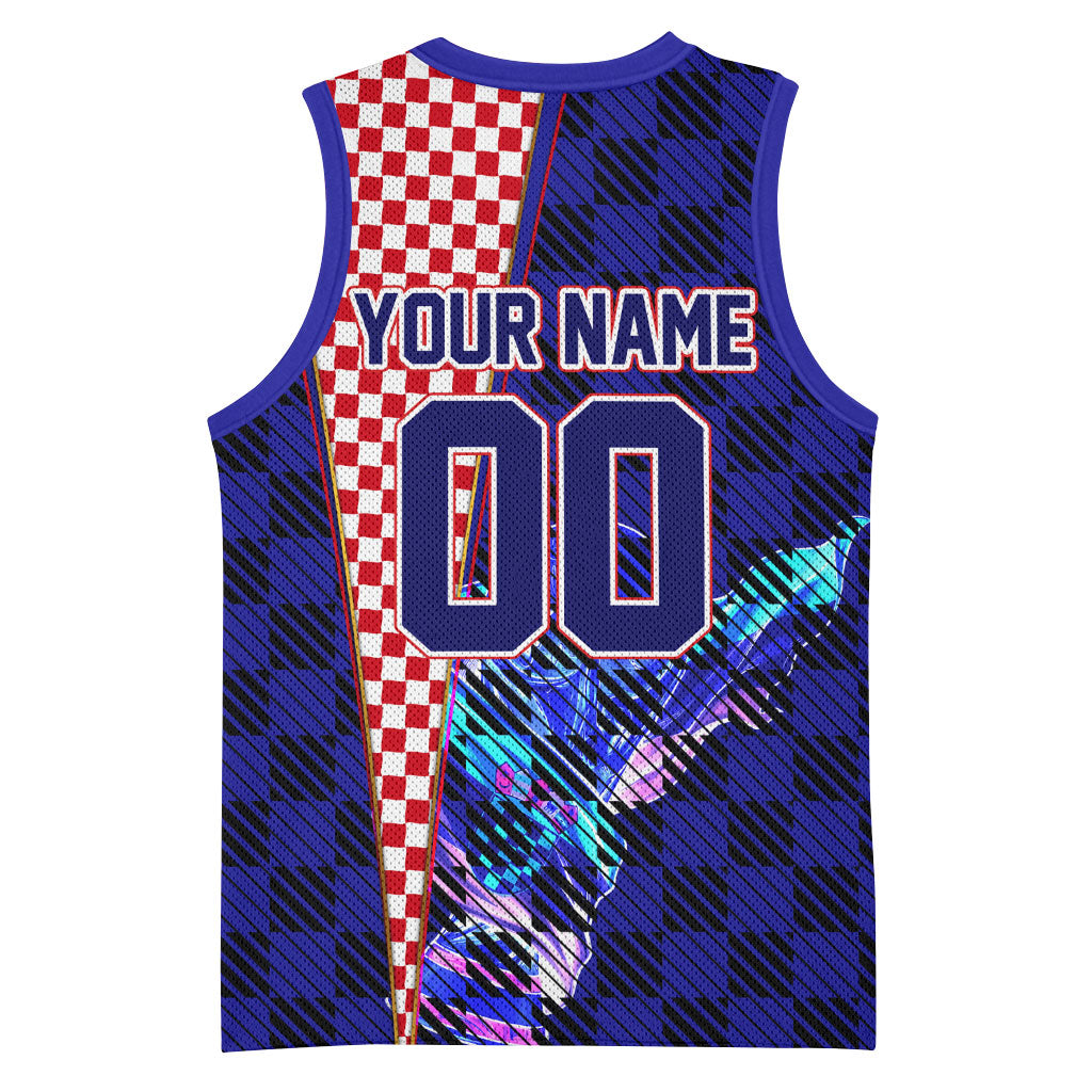 Personalized Croatia Football Basketball Jersey Checkerboard Graphic - Golden Champion Trophy And Flag