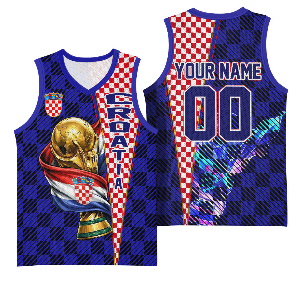 Personalized Croatia Football Basketball Jersey Checkerboard Graphic - Golden Champion Trophy And Flag