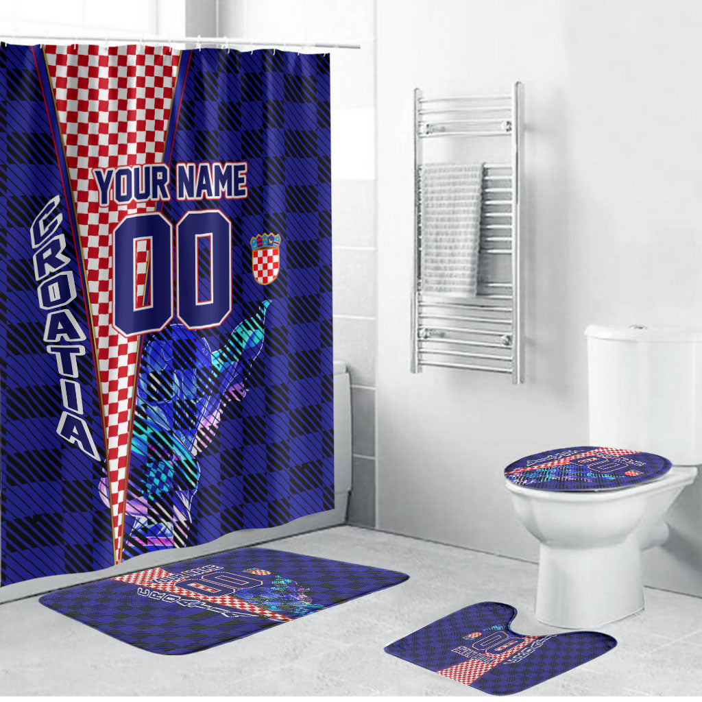 Personalized Croatia Football Bathroom Set Checkerboard Graphic - Golden Champion Trophy And Flag