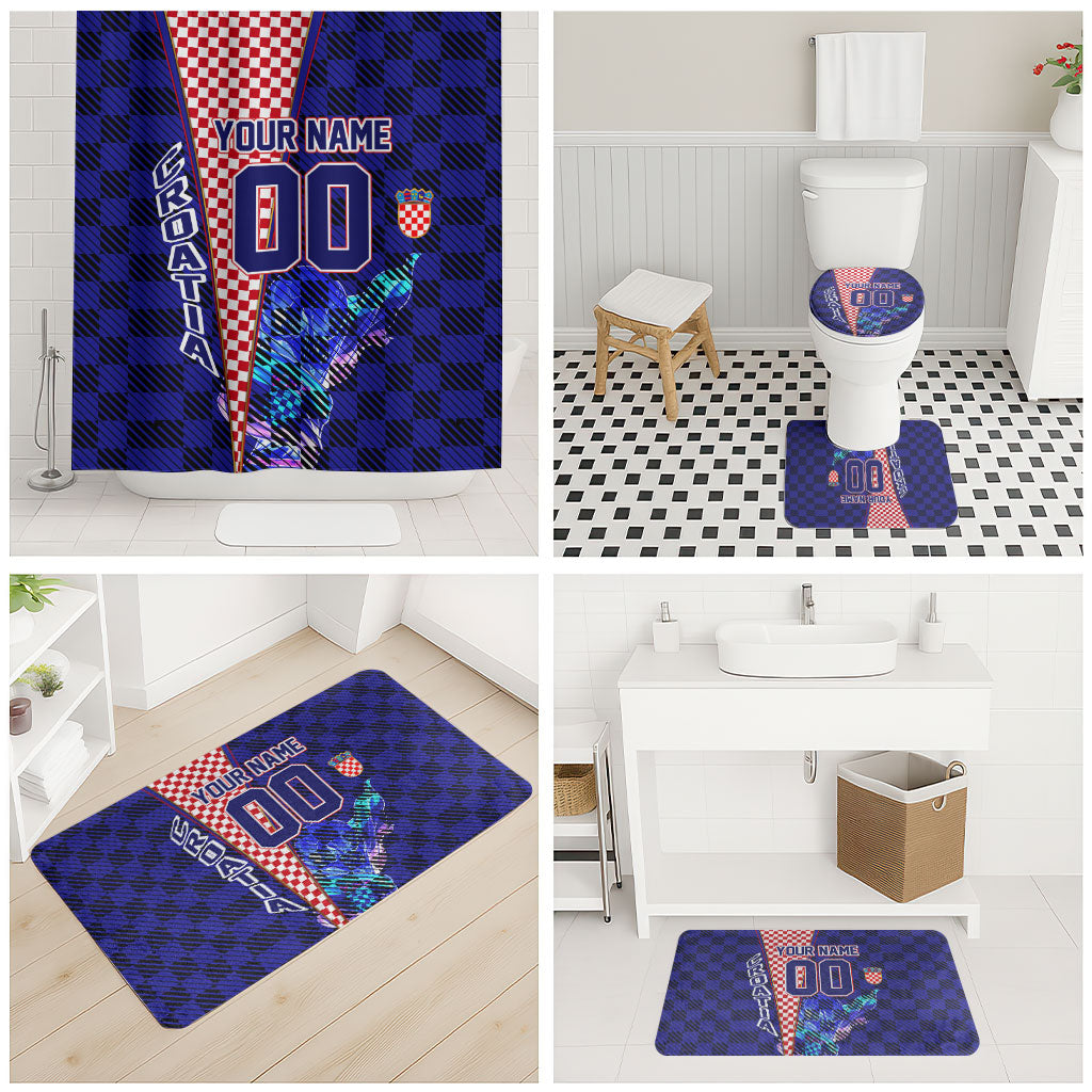 Personalized Croatia Football Bathroom Set Checkerboard Graphic - Golden Champion Trophy And Flag