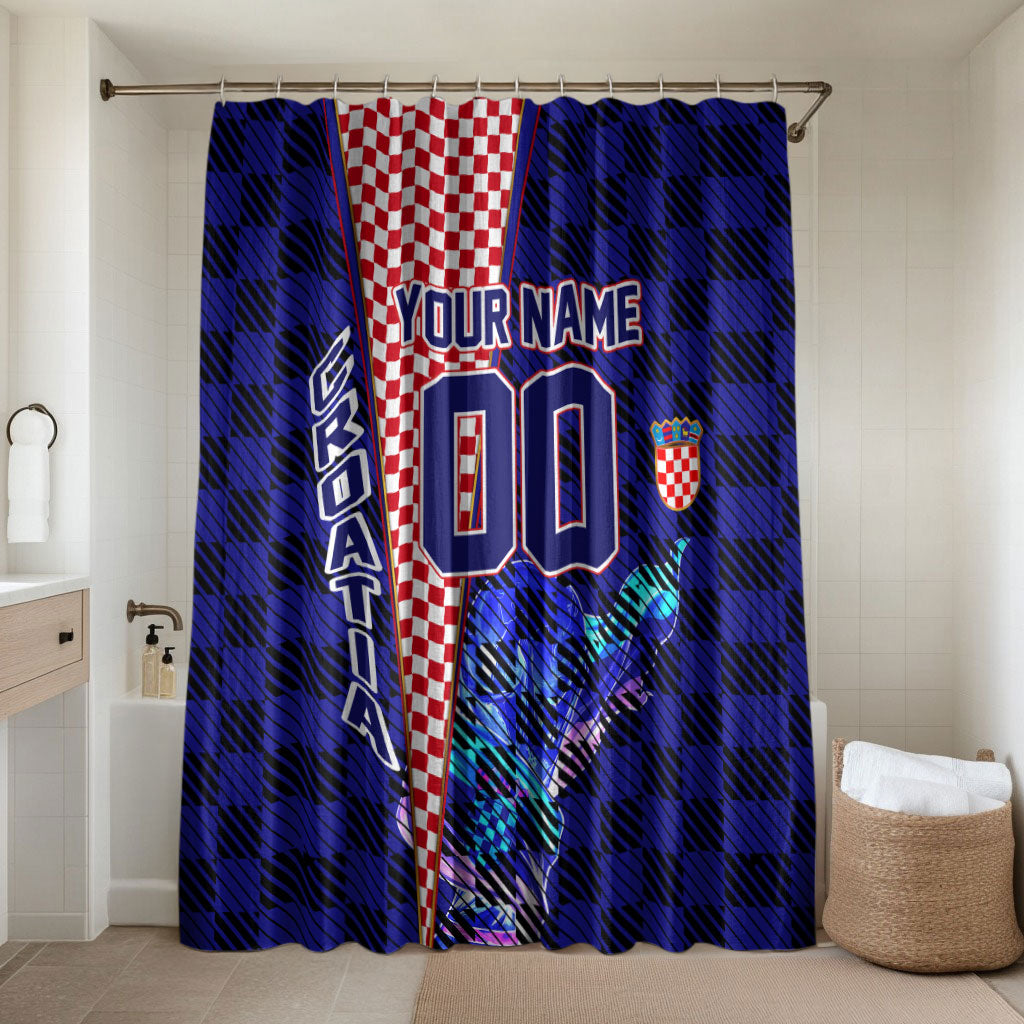 Personalized Croatia Football Bathroom Set Checkerboard Graphic - Golden Champion Trophy And Flag
