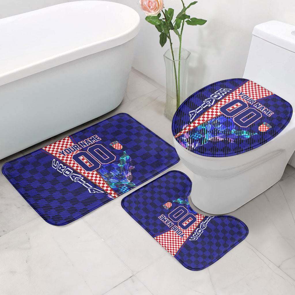 Personalized Croatia Football Bathroom Set Checkerboard Graphic - Golden Champion Trophy And Flag