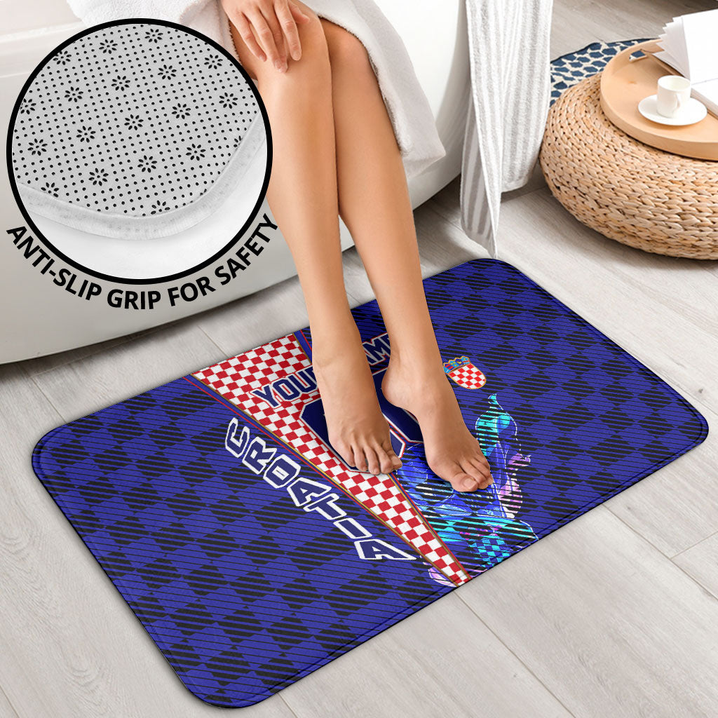 Personalized Croatia Football Bathroom Set Checkerboard Graphic - Golden Champion Trophy And Flag