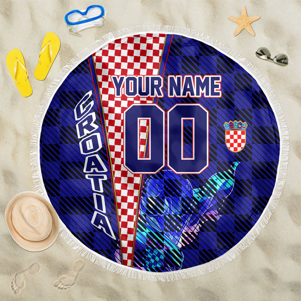 Personalized Croatia Football Beach Blanket Checkerboard Graphic - Golden Champion Trophy And Flag