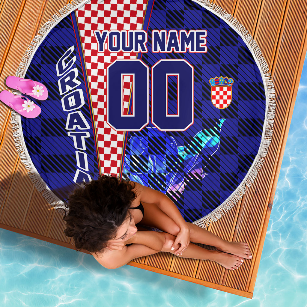 Personalized Croatia Football Beach Blanket Checkerboard Graphic - Golden Champion Trophy And Flag