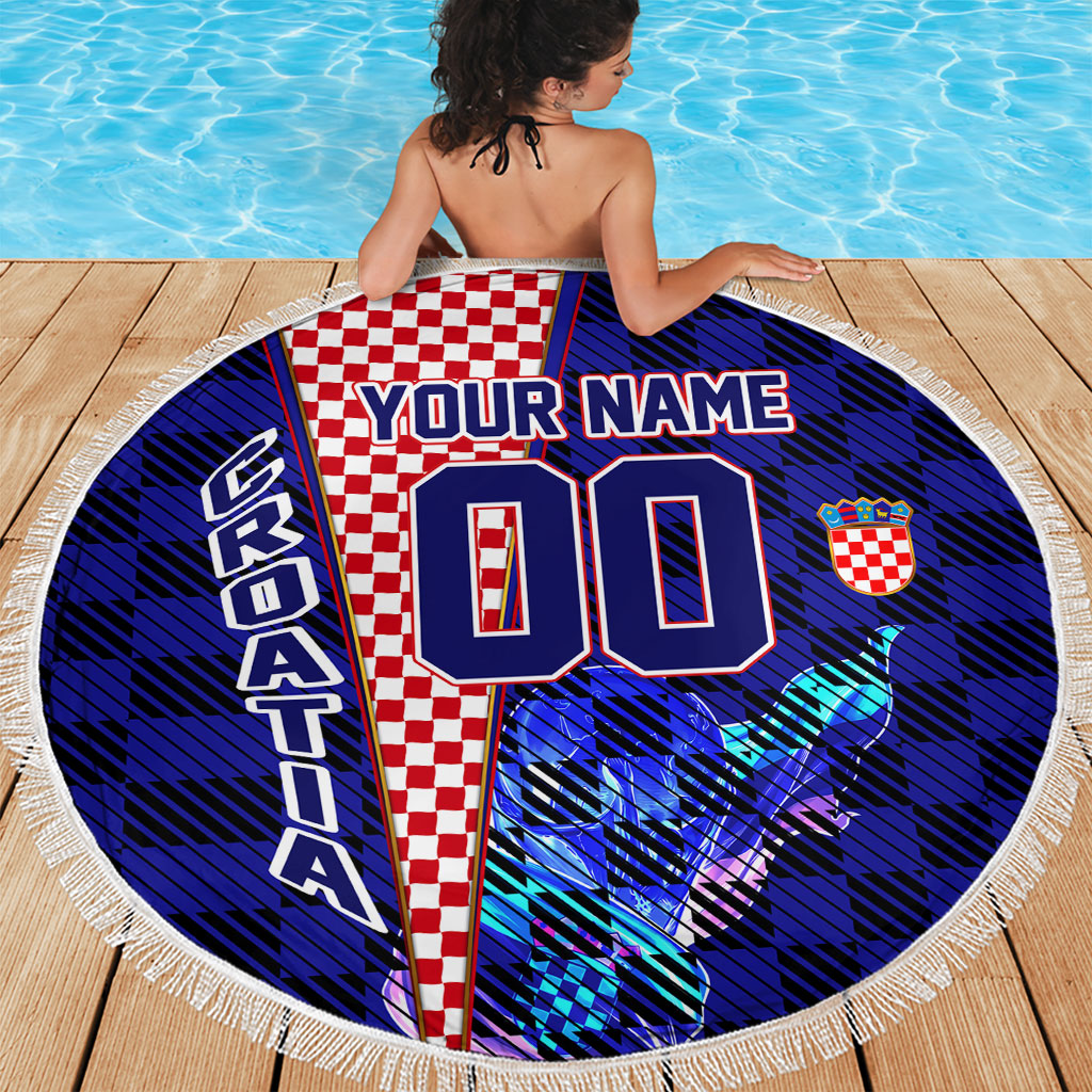 Personalized Croatia Football Beach Blanket Checkerboard Graphic - Golden Champion Trophy And Flag