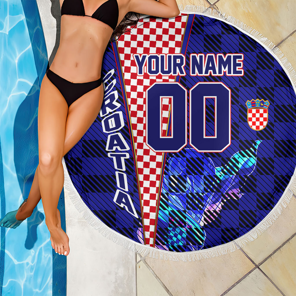 Personalized Croatia Football Beach Blanket Checkerboard Graphic - Golden Champion Trophy And Flag
