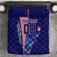 Personalized Croatia Football Bedding Set Checkerboard Graphic - Golden Champion Trophy And Flag
