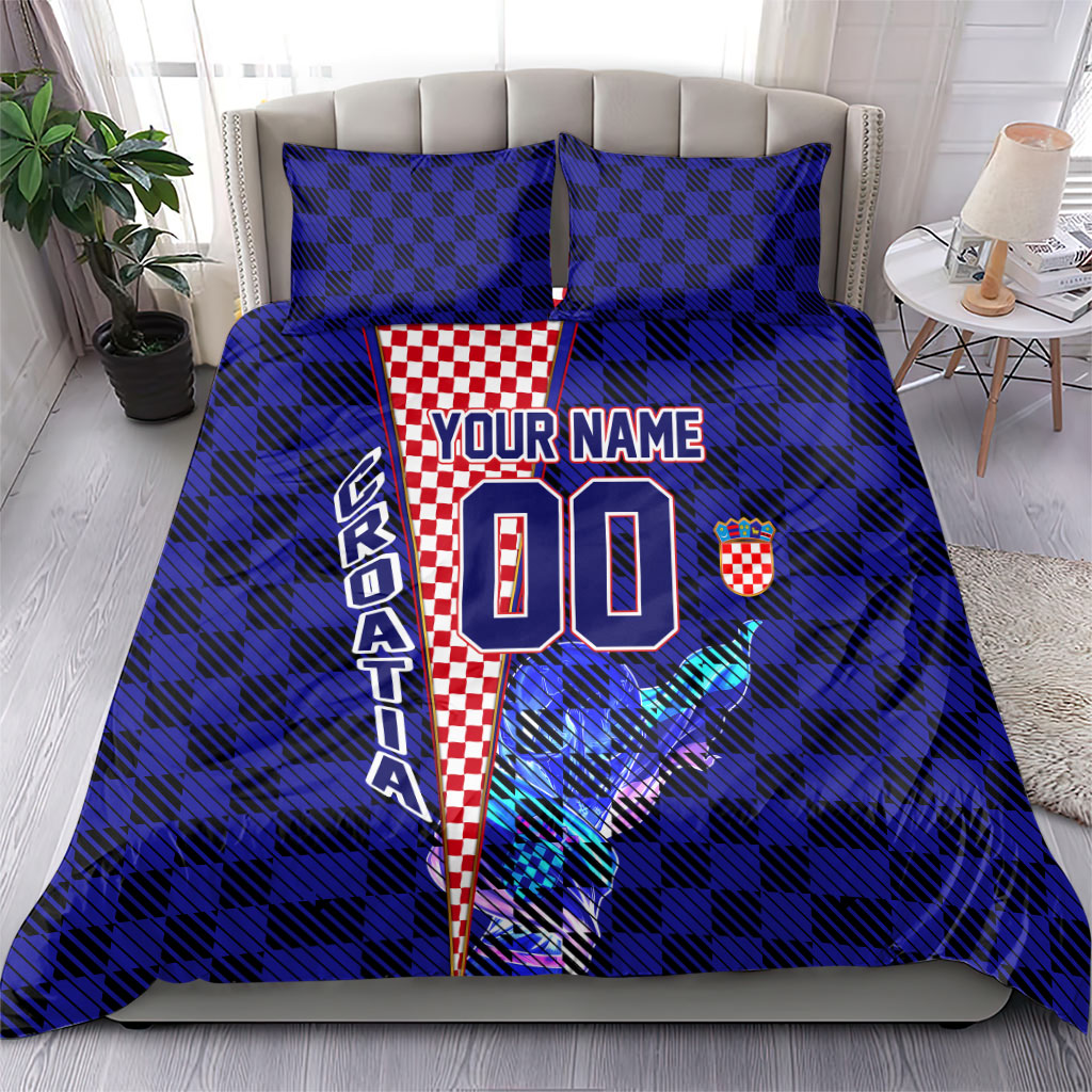 Personalized Croatia Football Bedding Set Checkerboard Graphic - Golden Champion Trophy And Flag