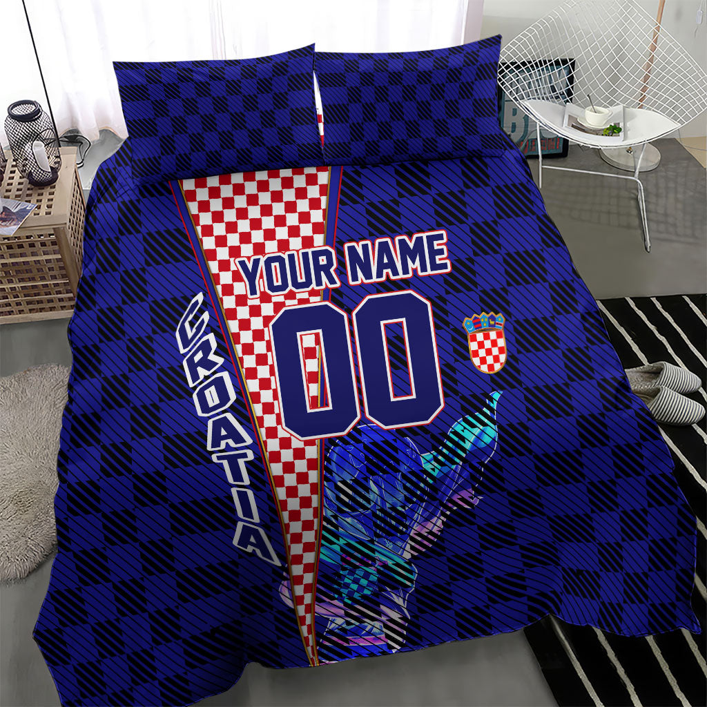 Personalized Croatia Football Bedding Set Checkerboard Graphic - Golden Champion Trophy And Flag