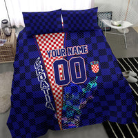 Personalized Croatia Football Bedding Set Checkerboard Graphic - Golden Champion Trophy And Flag