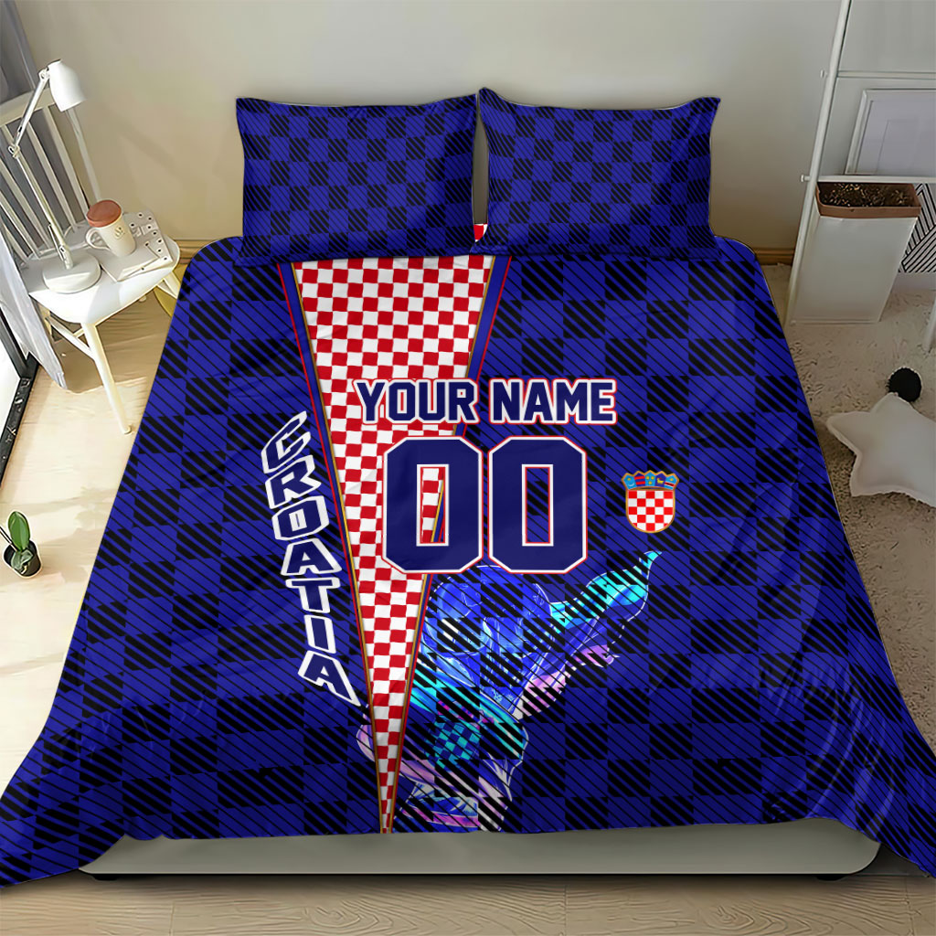 Personalized Croatia Football Bedding Set Checkerboard Graphic - Golden Champion Trophy And Flag