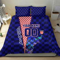 Personalized Croatia Football Bedding Set Checkerboard Graphic - Golden Champion Trophy And Flag